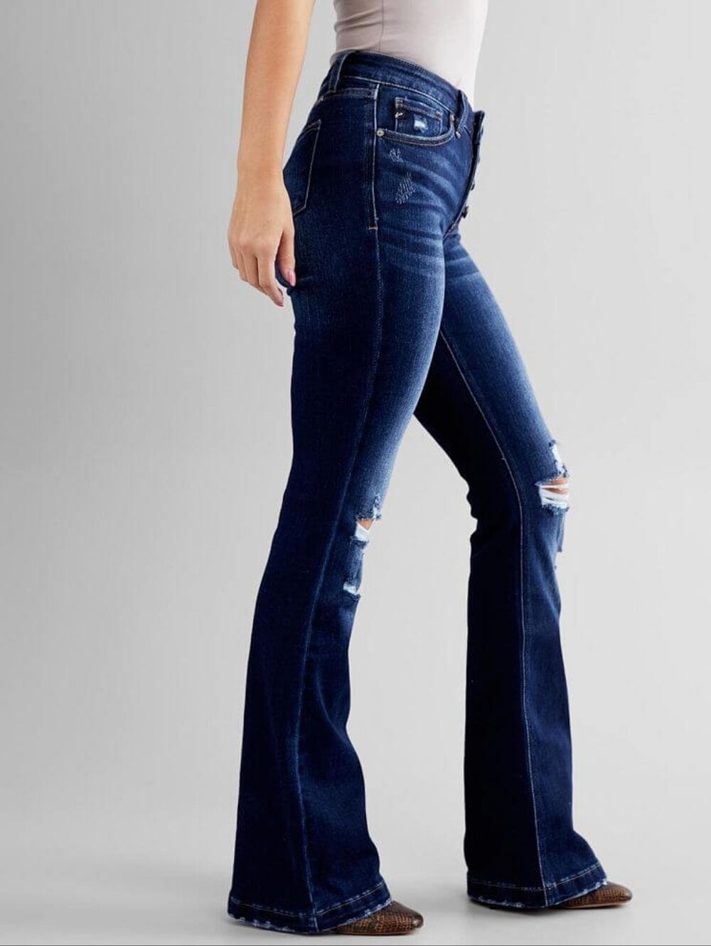 KanCan Kennedy Dark Wash Distressed Flare Jeans Mid Rise Stretchy Womens 13/30 - Picture 2 of 12
